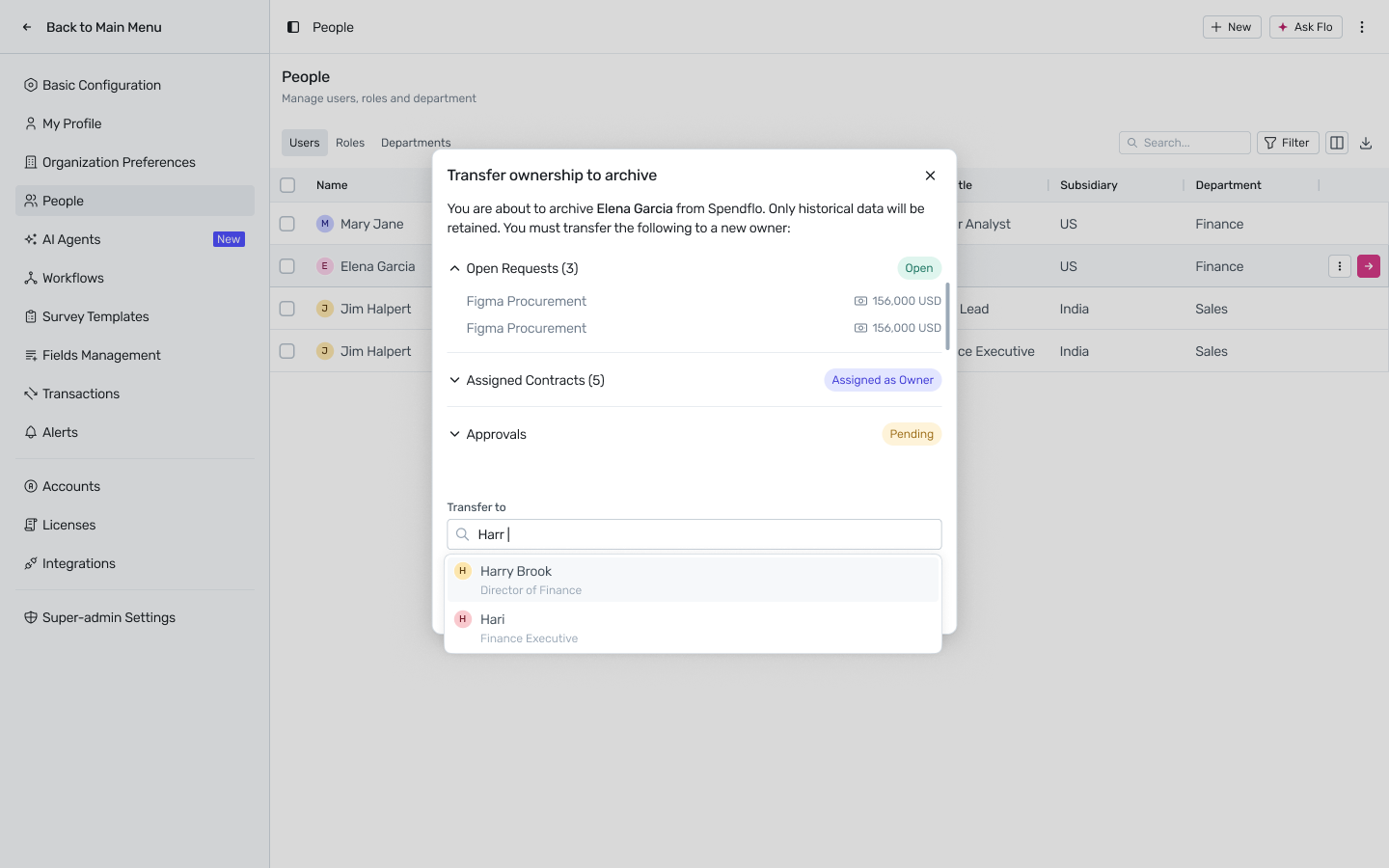 Transfer ownership to archive modal for a single user