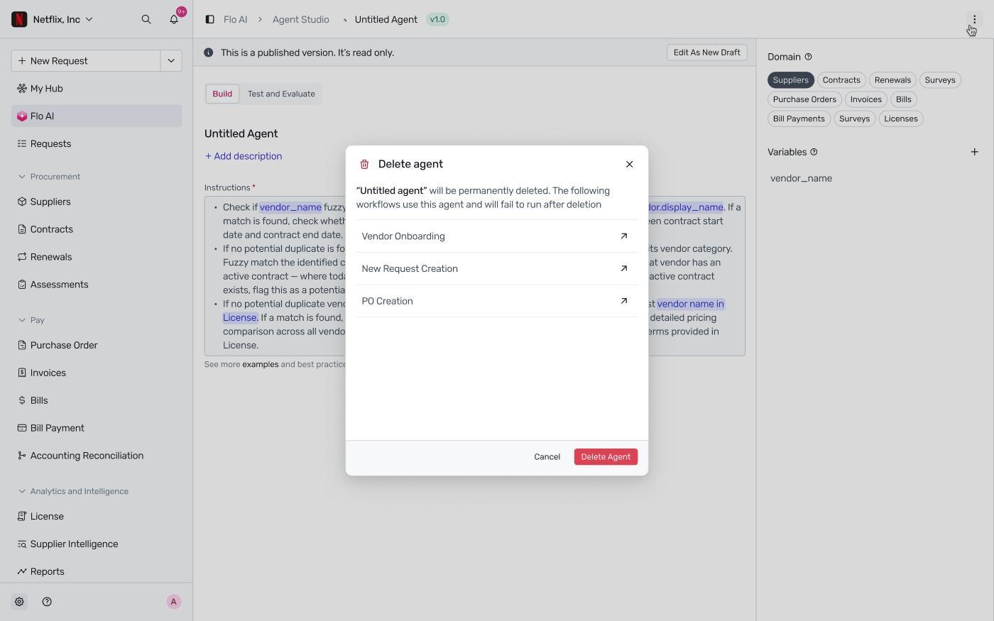 Delete agent modal listing workflows that use the agent