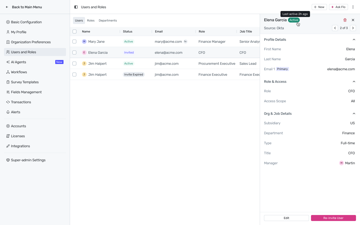 User Detail panel
