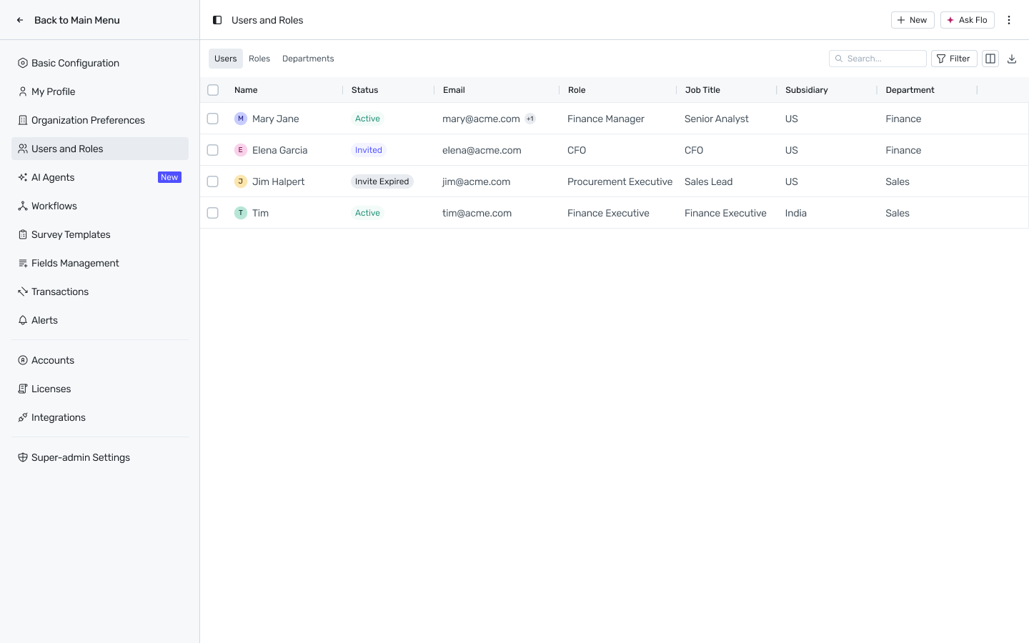 Users table under Settings, Users and Roles