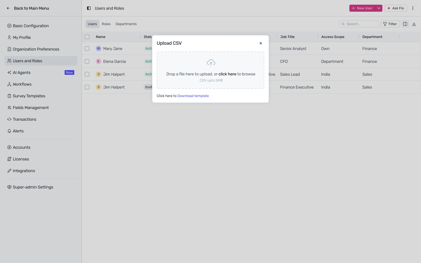 Upload CSV modal