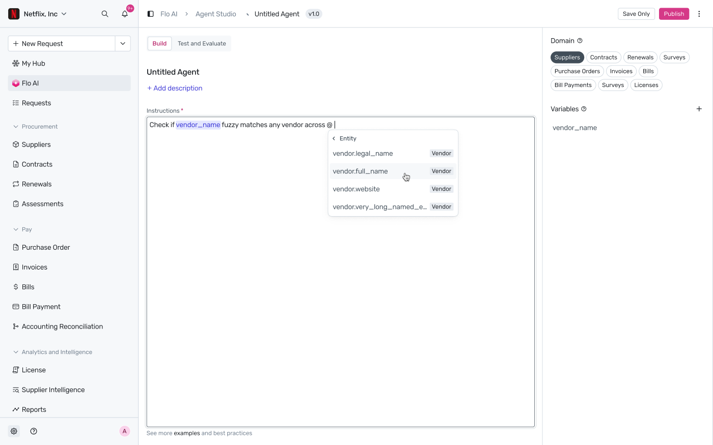 At-mention picker drilled into an entity showing dot-notation fields