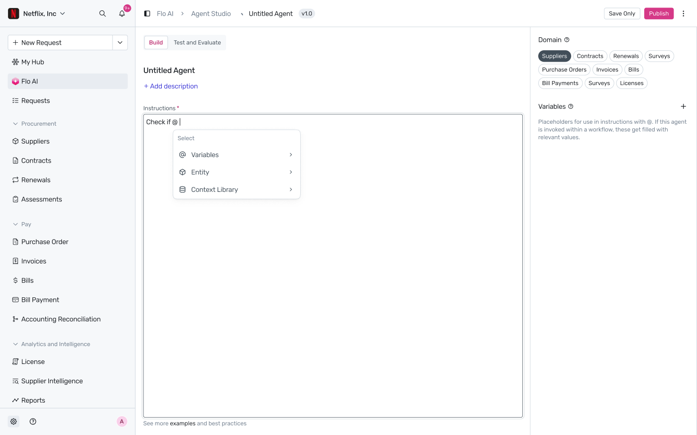 At-mention picker showing Variables, Entity, and Context Library