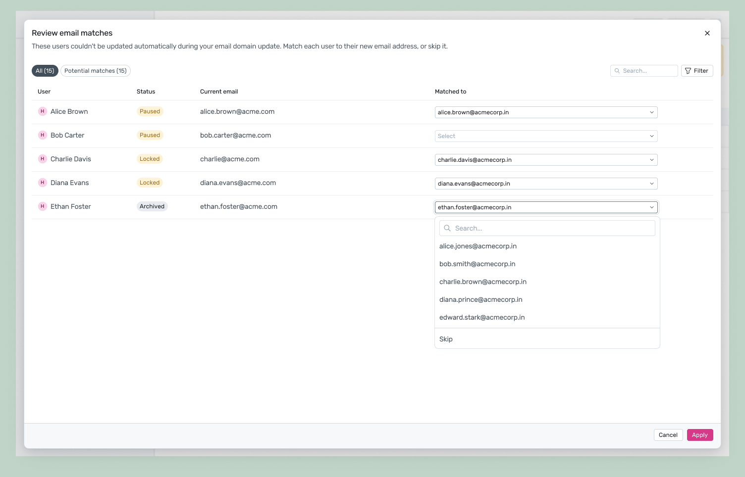 Review email matches modal