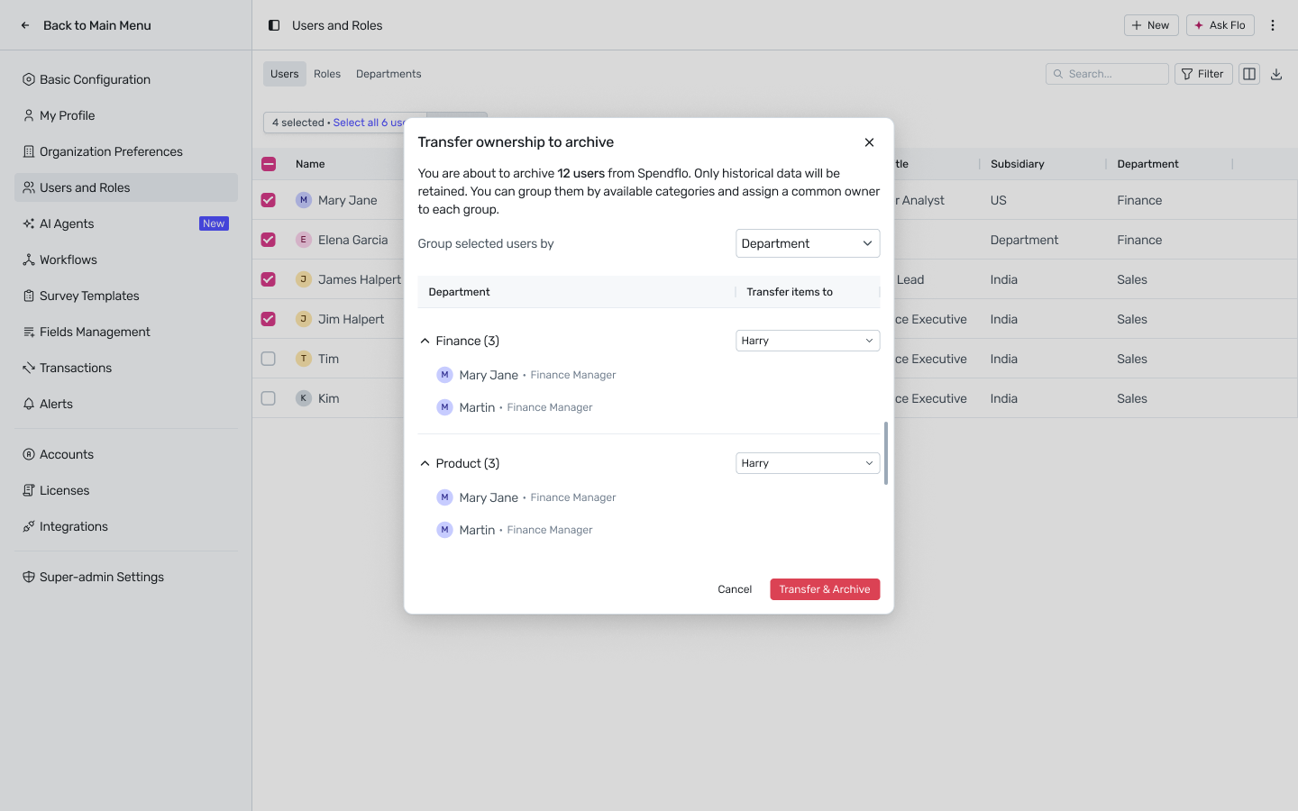 Transfer ownership to archive modal for bulk users, grouped by Department