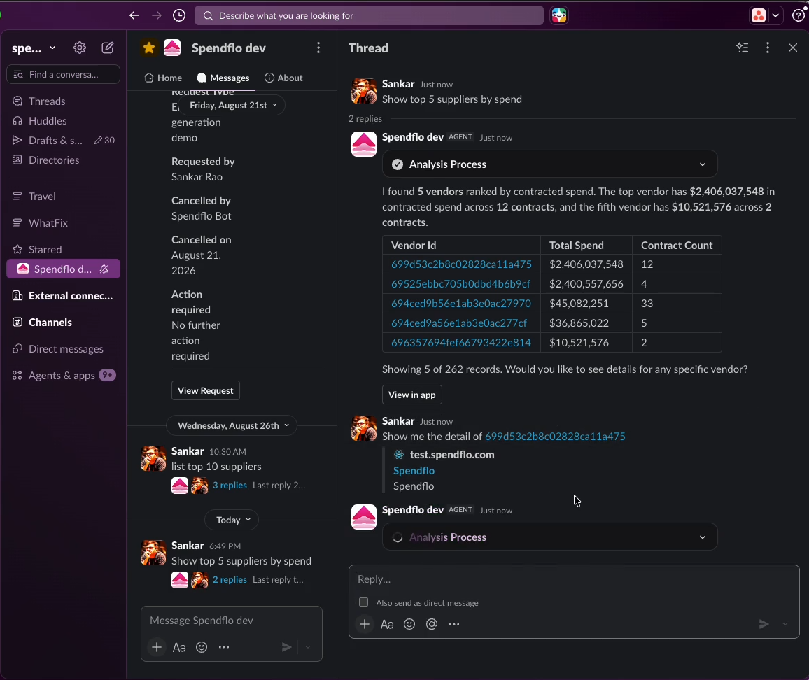 Flo AI replying in a Slack DM thread with an analysis and a data table
