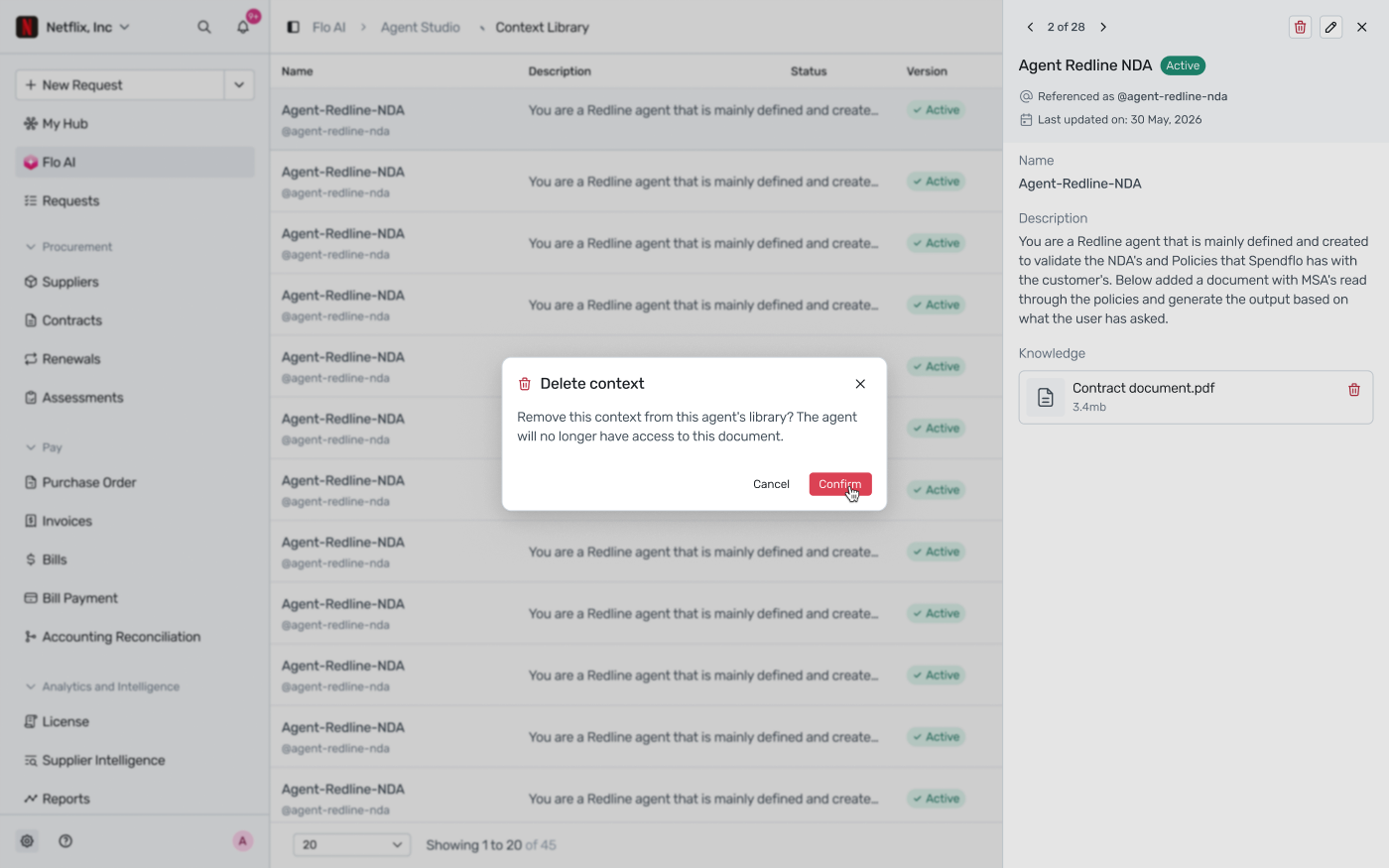 Delete context confirmation for an unused context item