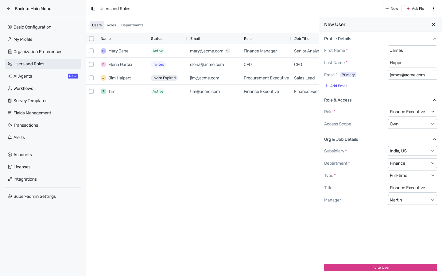 The New User panel with Profile Details, Role and Access, and Org and Job Details filled in