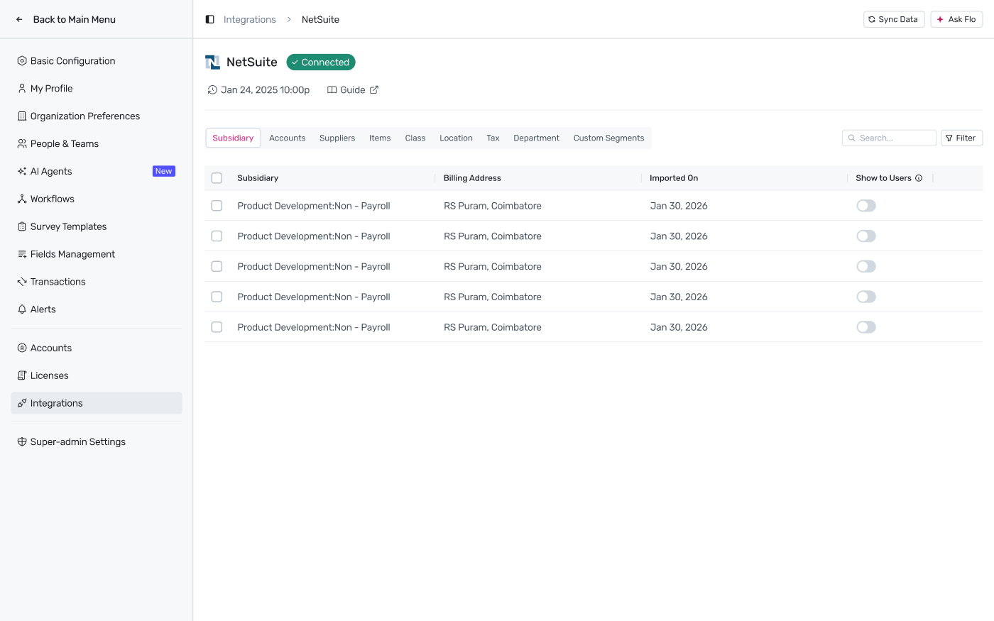 NetSuite integration connected detail page