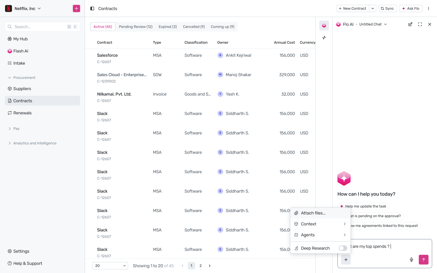 Attach files, Context, Agents, and Deep Research options