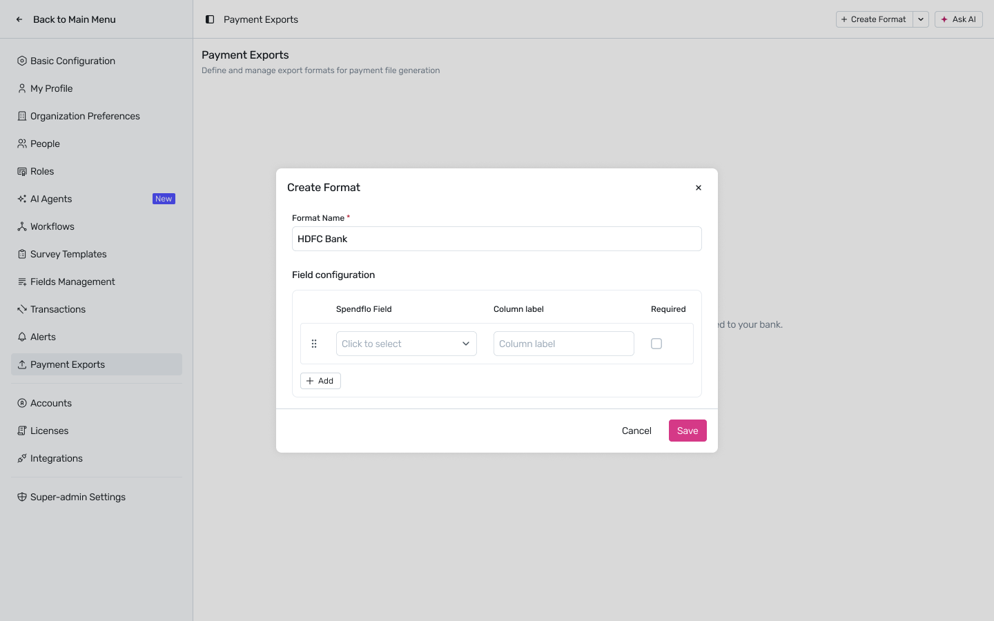 Create Format modal, empty