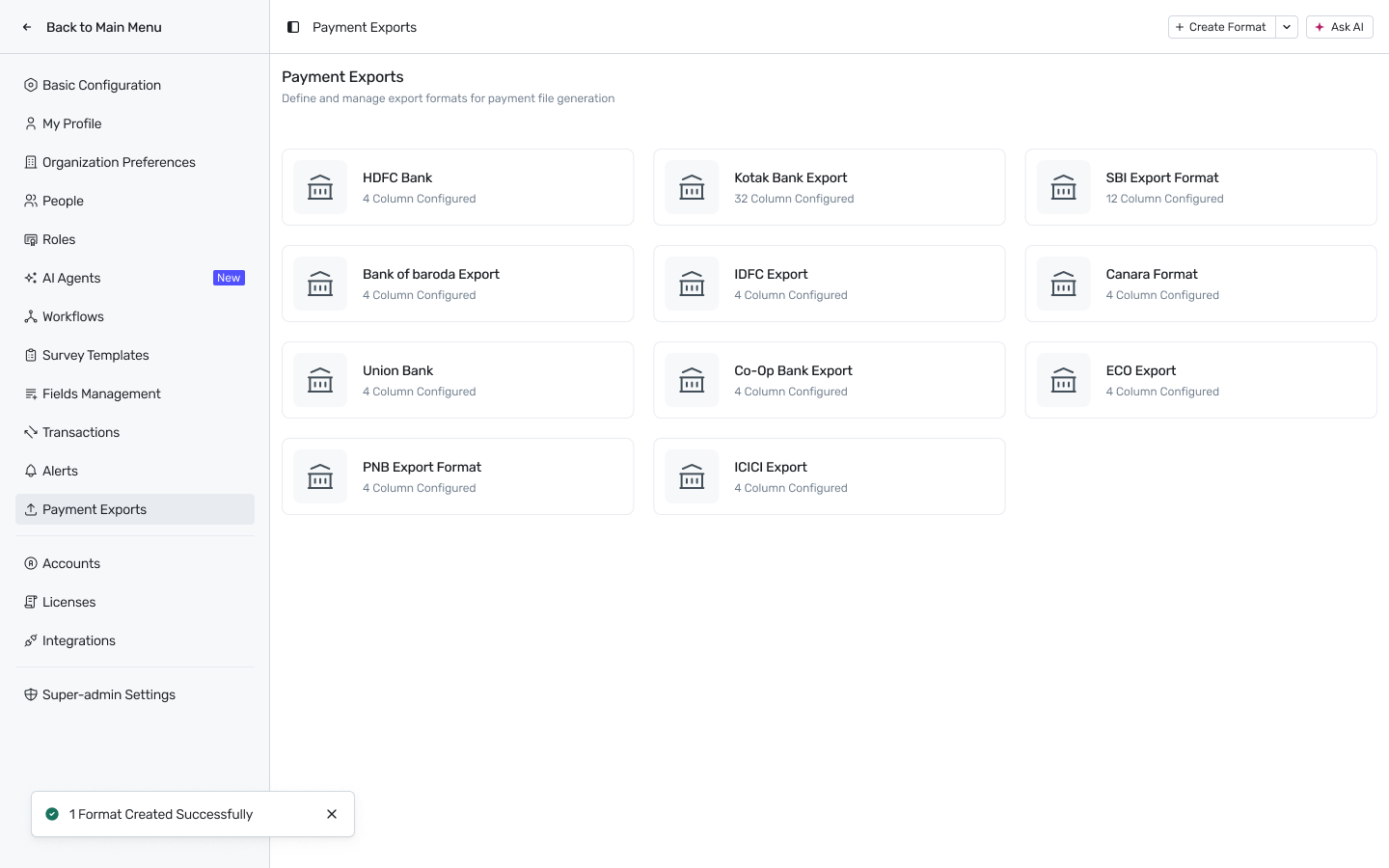 Payment Exports formats list