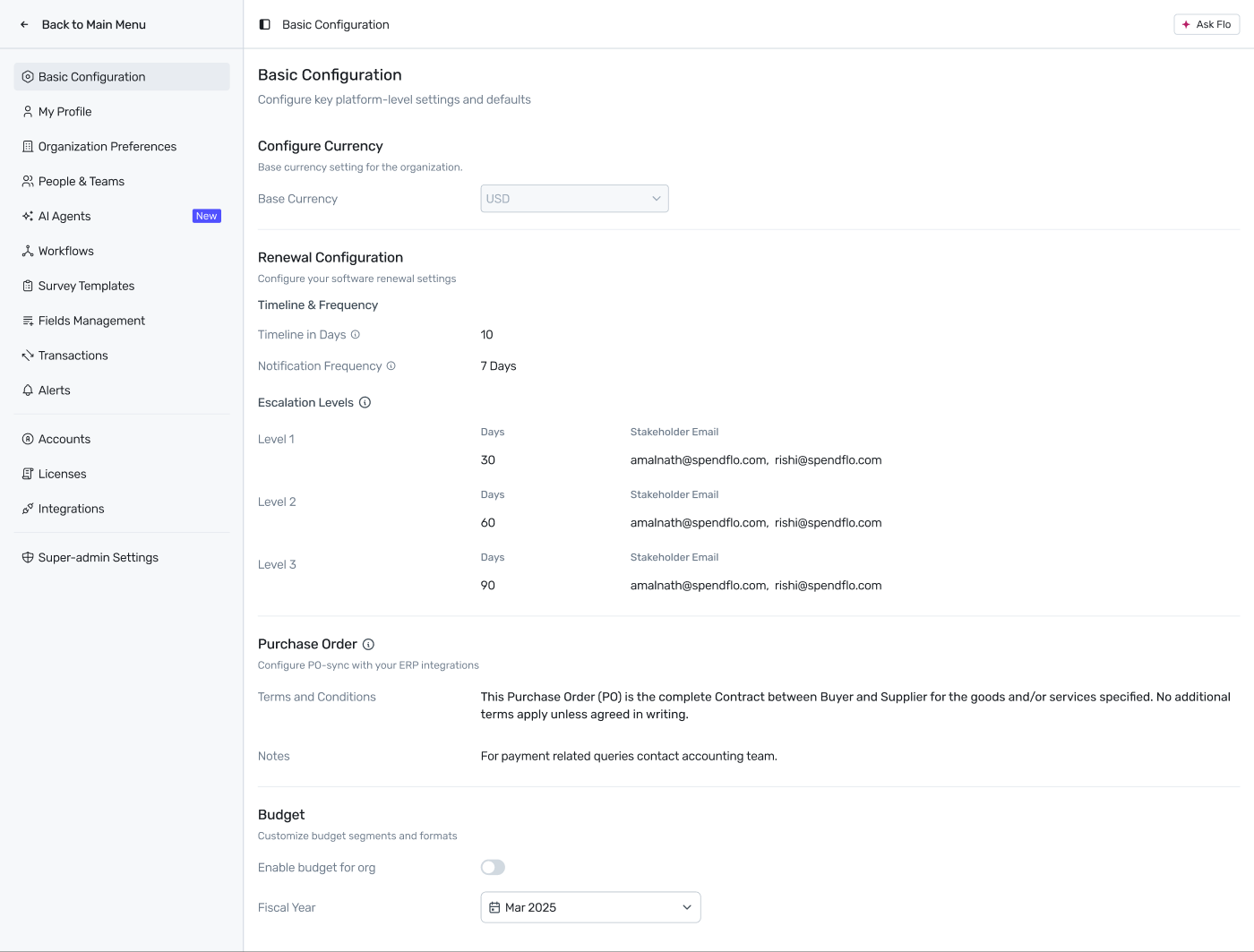 Settings sidebar and Basic Configuration