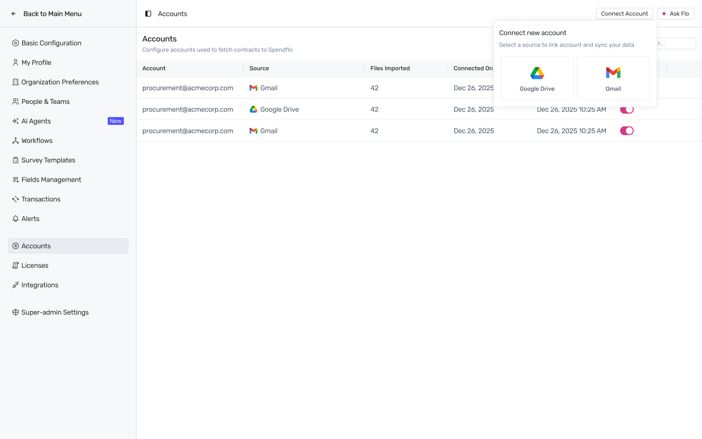 Connect new account source picker