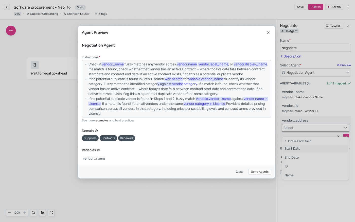 Agent Preview modal showing instructions, Domain, and Variables