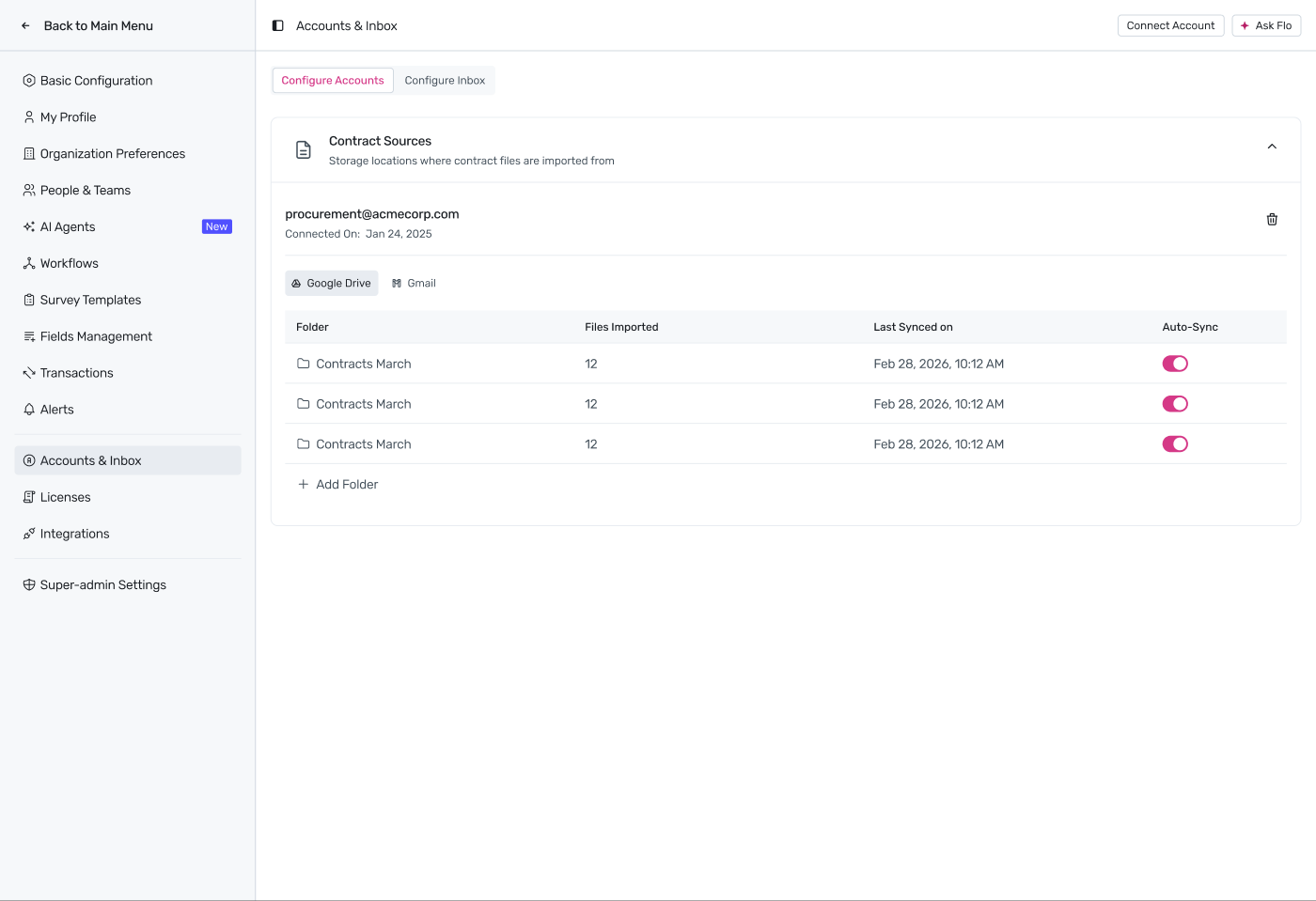 Configure Accounts tab with folder-level sync