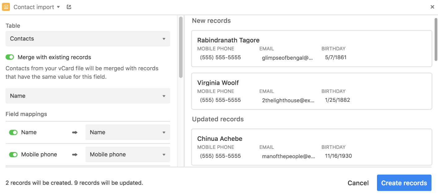 An image showing the contact import extension's setup options.