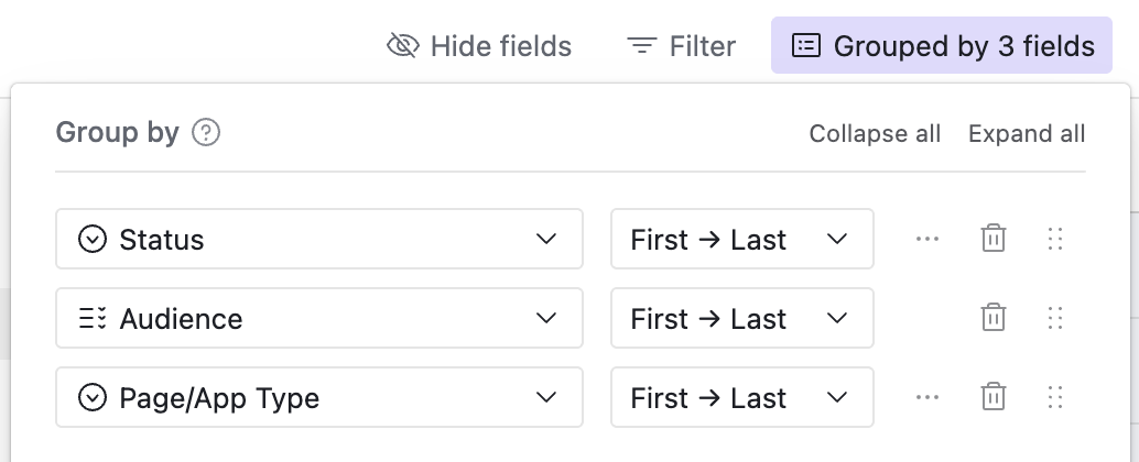 An image showing the record grouping menu's additional options.