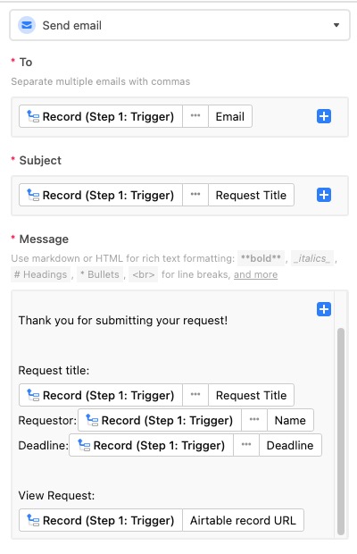 Email action configuration example