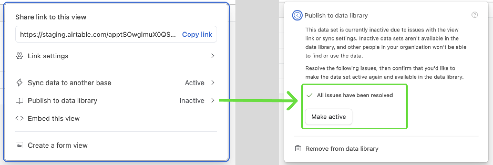 data sets make active button in share dialog