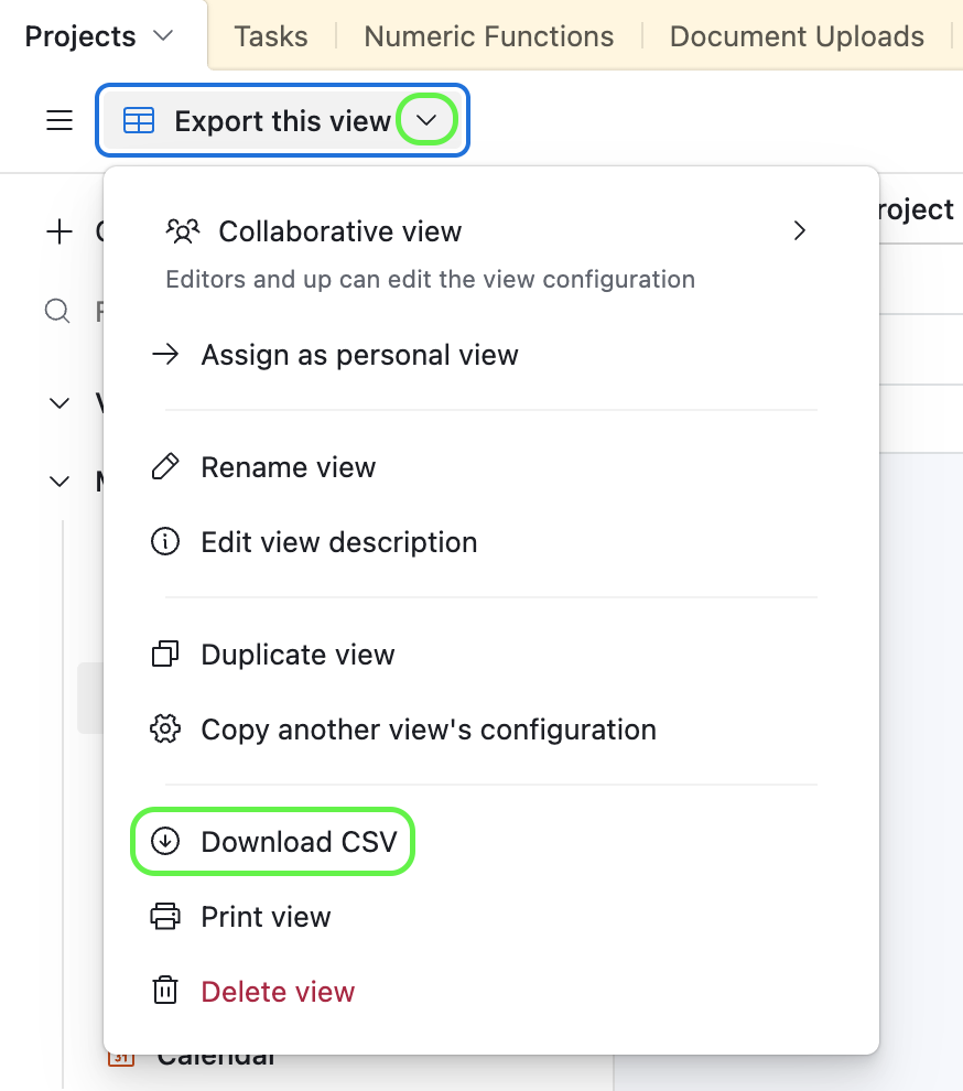 This image shows clicking the down caret icon next to a view's name to access a menu where the download CSV button is.