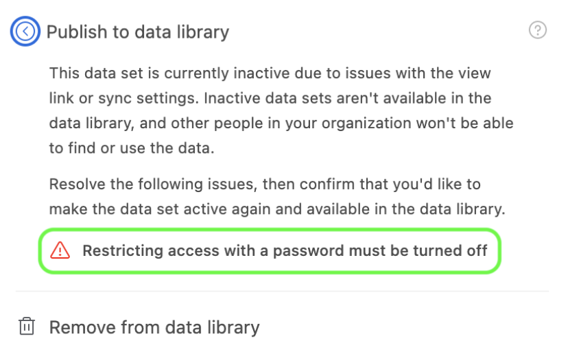 data sets warning in share dialog