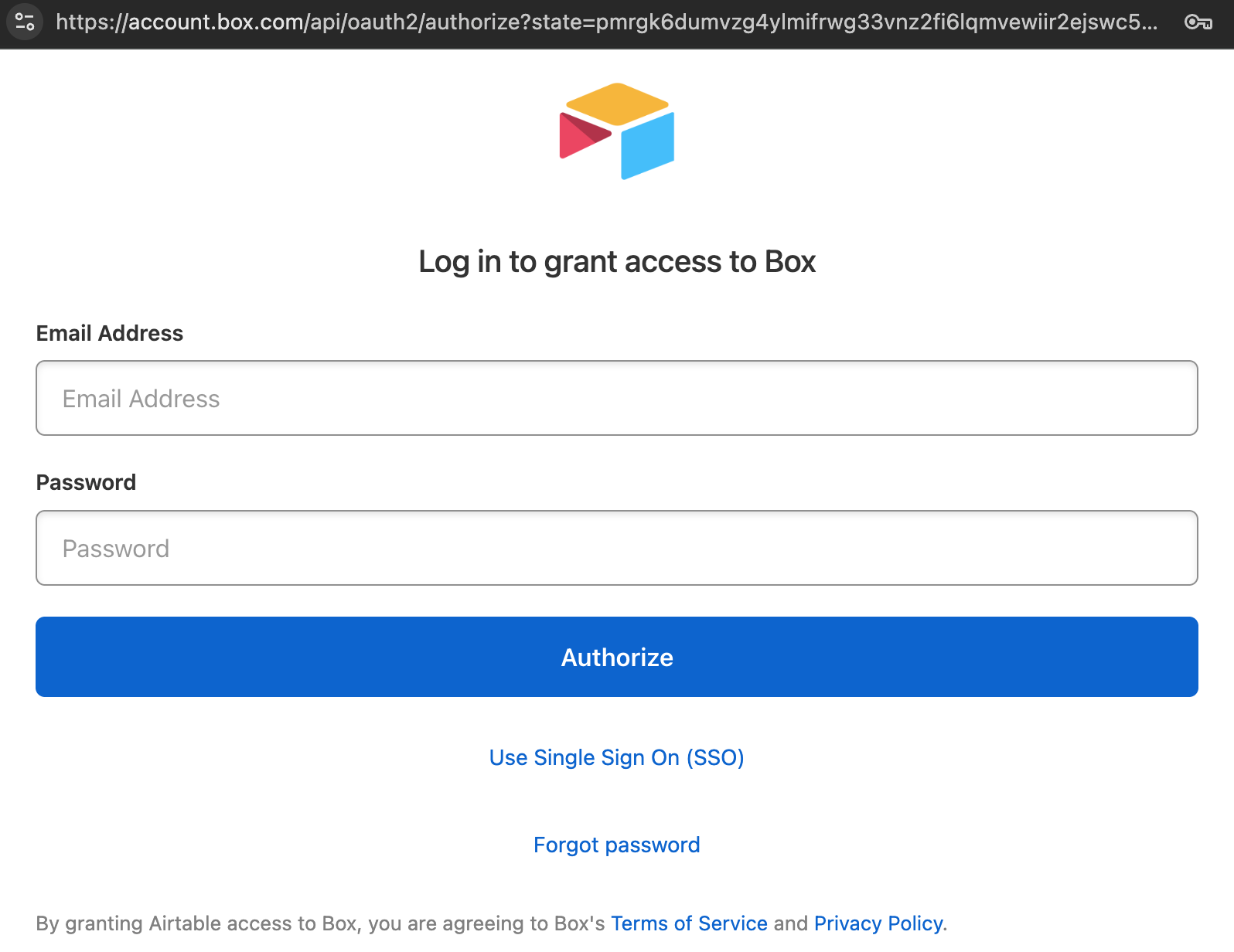 Box authentication window
