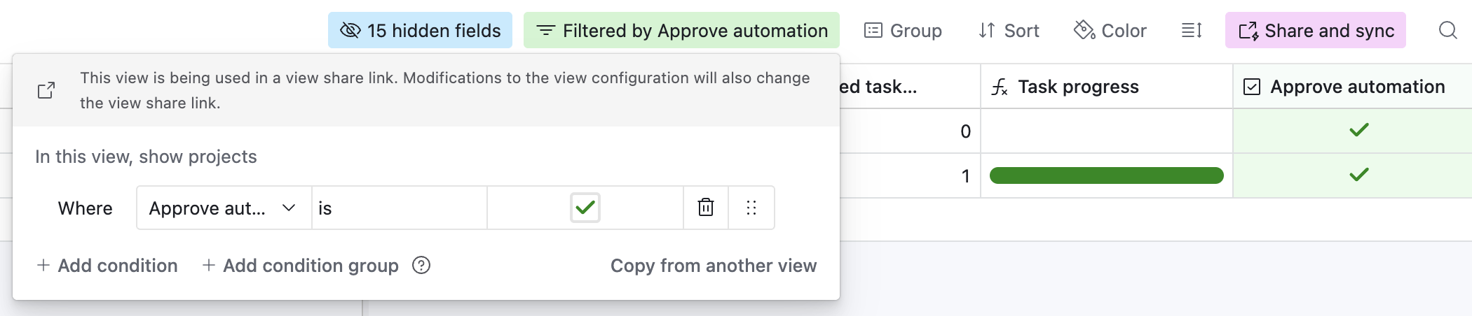 A filter view showing only records where the approve automation checkbox field is checked.