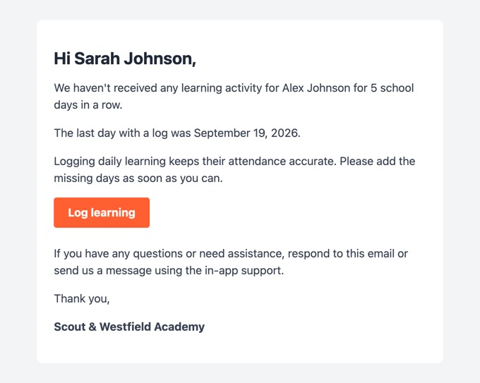 Missing learning log reminder email to parents