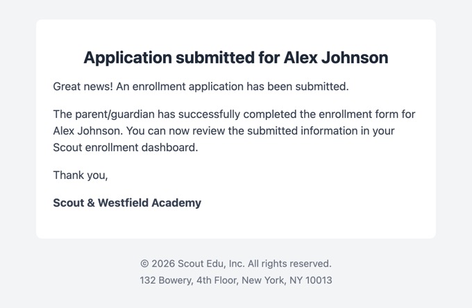 Application submitted email to staff