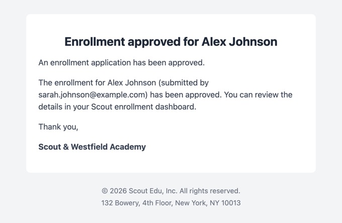 Enrollment approved email to staff