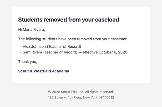 Students removed from caseload email