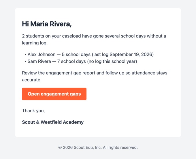 Missing learning logs email to teachers