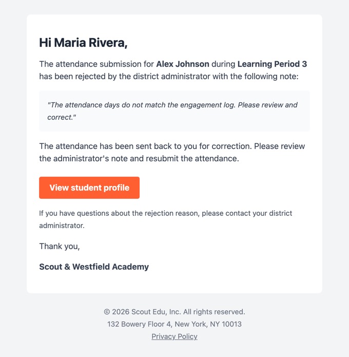 Attendance rejected email