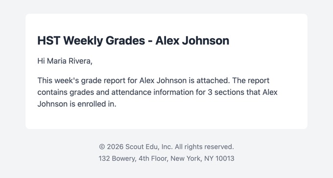Weekly grades email to teachers of record