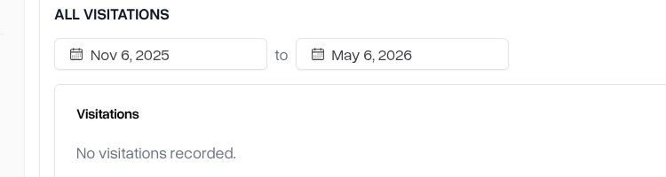 Date range picker showing the start and end date filters for visitations