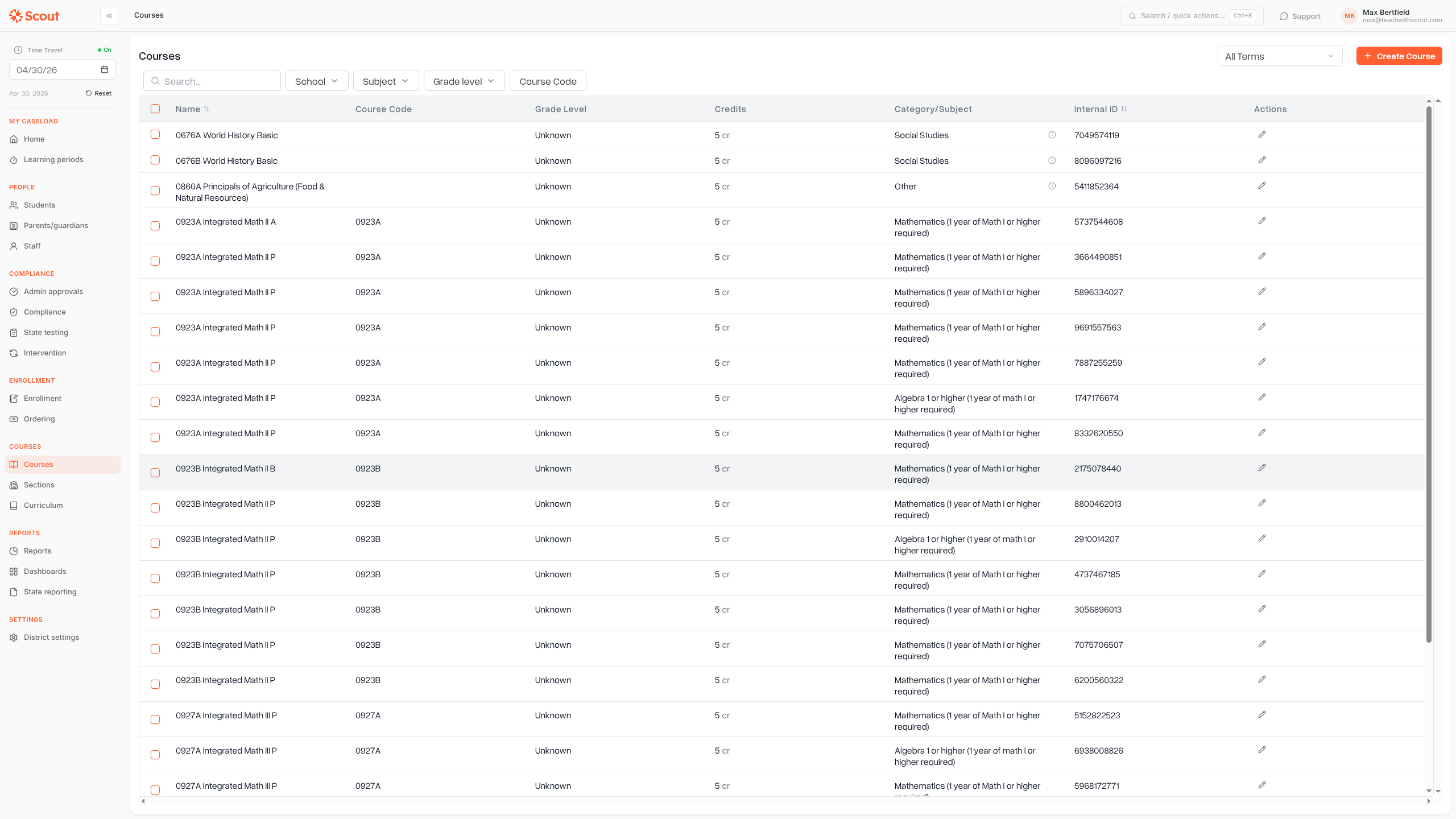 The Courses list showing a table of available courses