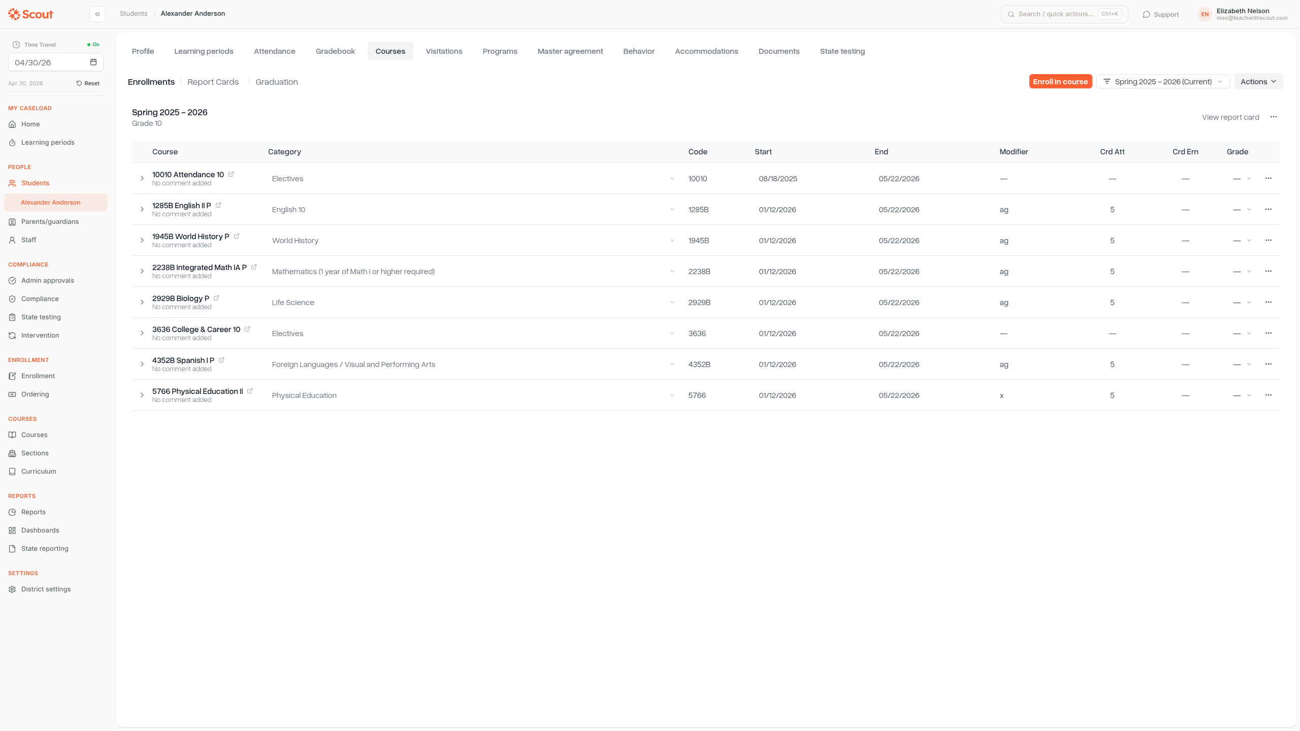 Student profile Courses tab showing the Enroll in course and Enroll from plan buttons in the enrollment toolbar