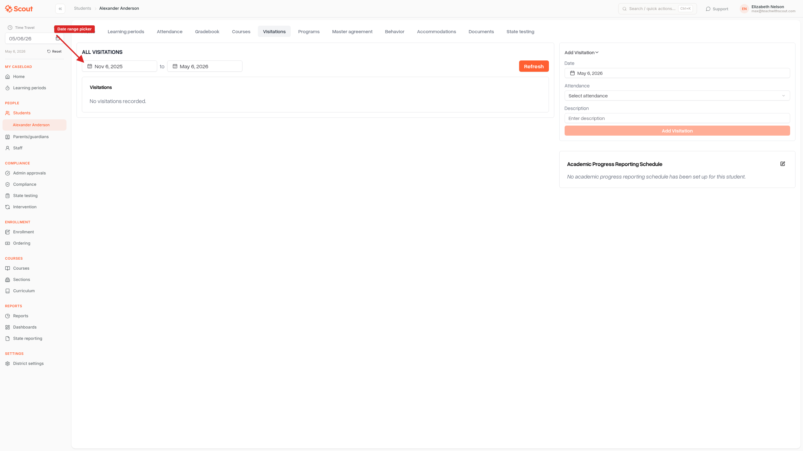 Visitations tab showing date range filters and the Add Visitation form