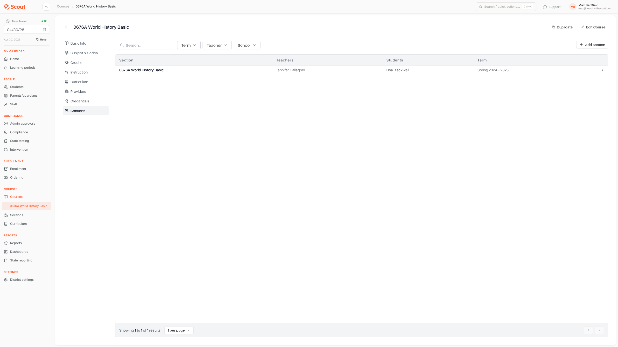 The Sections tab of a course profile, showing existing sections and the Add section button