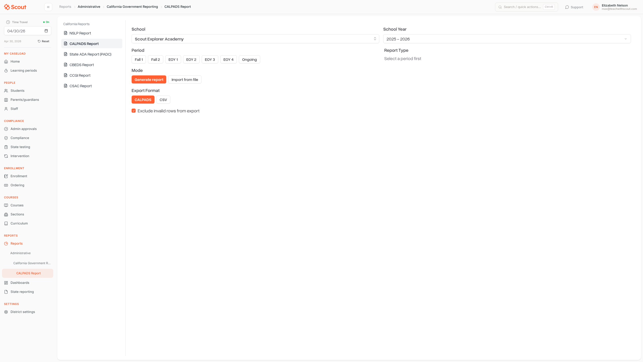 CALPADS report page showing school, school year, period, and mode selectors
