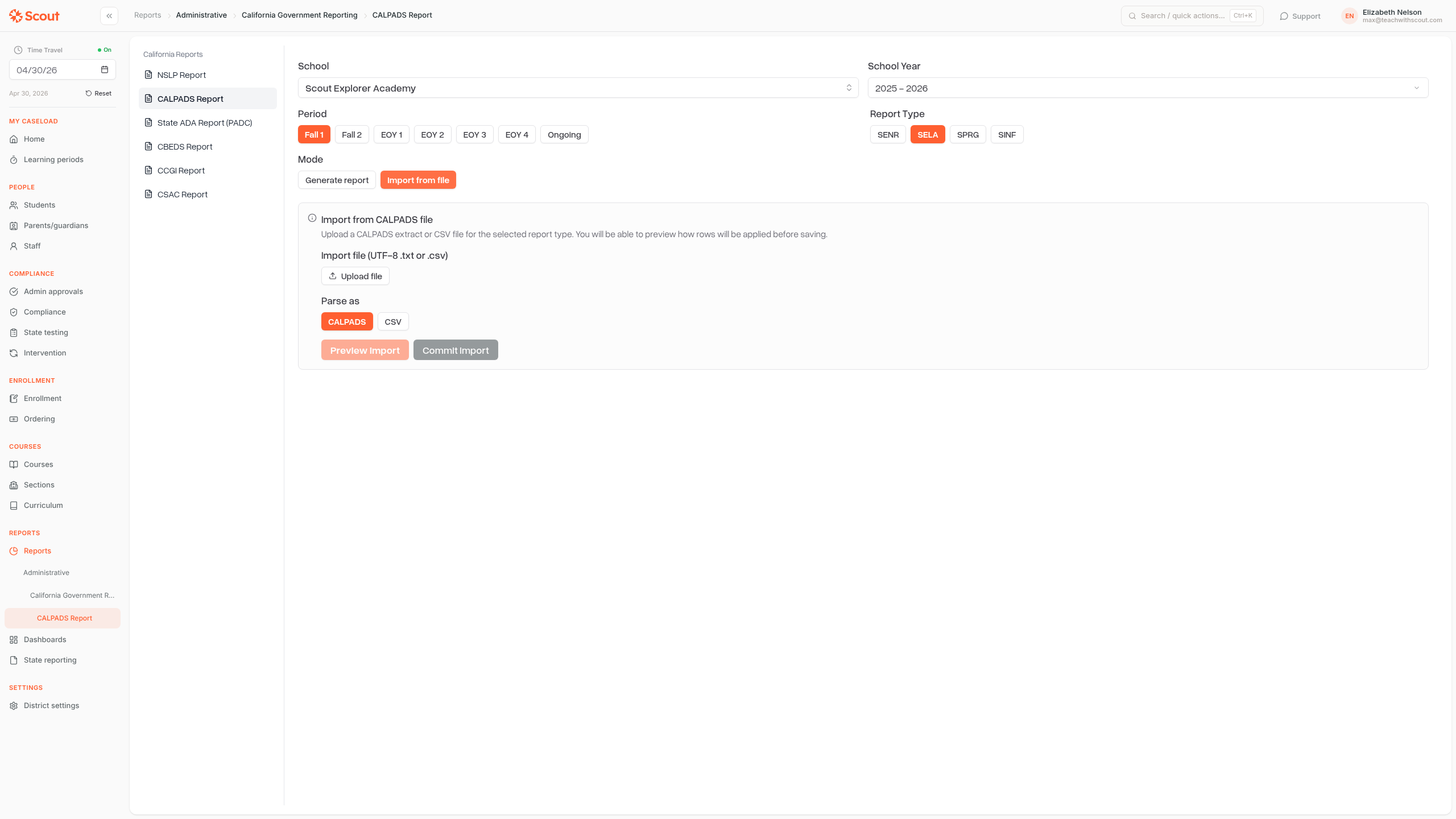 Import from file panel with file upload and Preview/Commit buttons