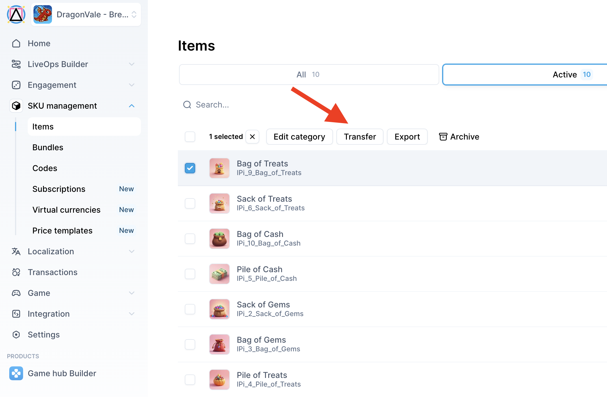 Image of a list labeled Items in a UI, with a selected item and action buttons (Edit category, Transfer, Export, Archive) above the item rows, and a left sidebar navigation.