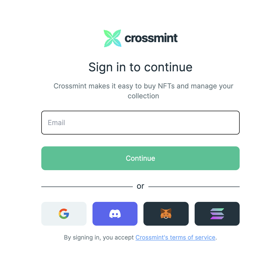 sign-in page.png Crossmint sign in page showing the email text field, Google, Discord, Metamask and Solana wallet login methods