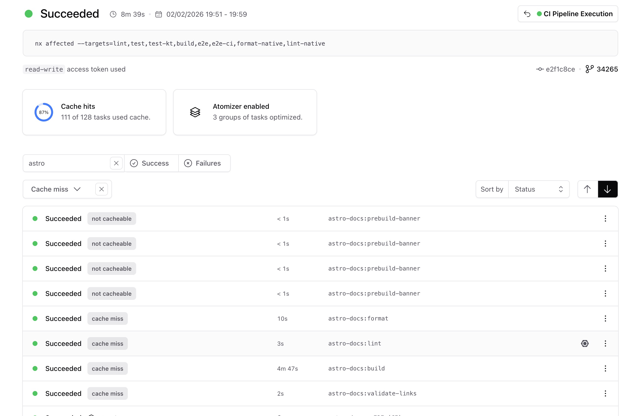 Run details page showing task list filtered by cache miss status
