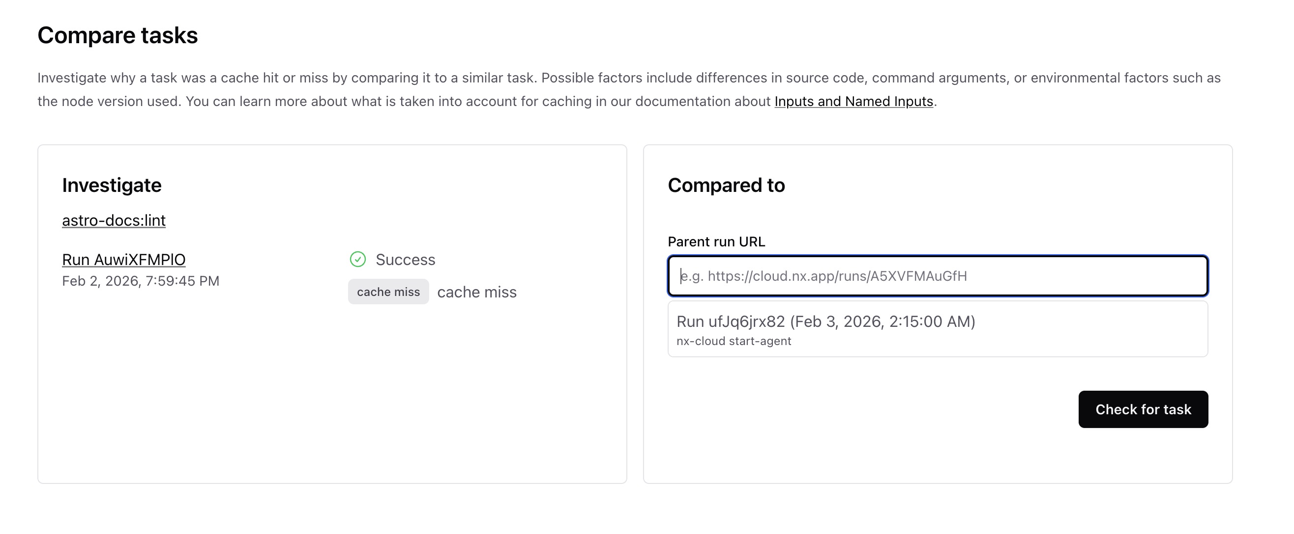 Compare tasks view showing the run selection panel