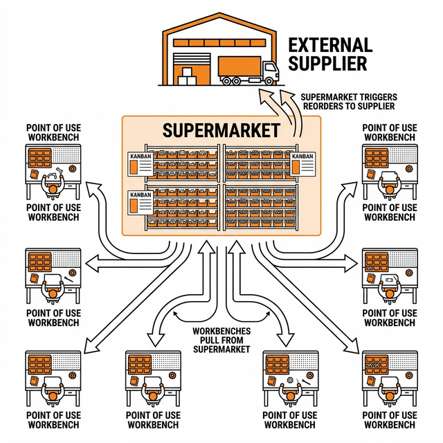 Supermarket overview: workbenches pull from a central supermarket, which triggers reorders to external suppliers