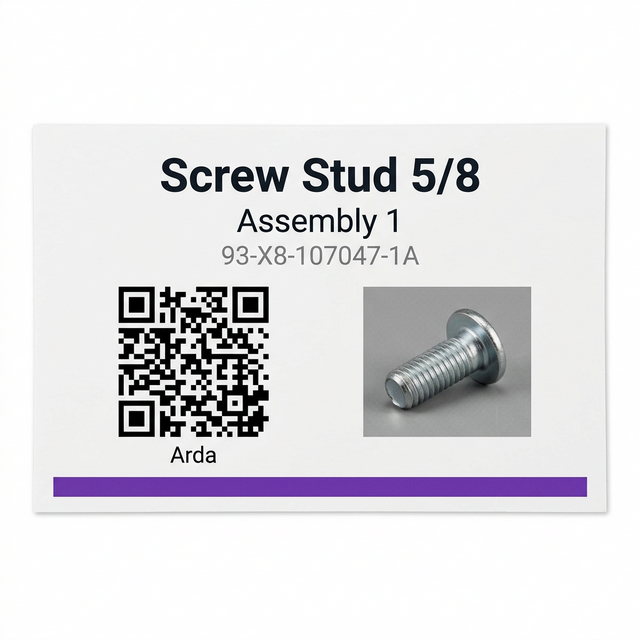 An Arda breadcrumb label for a Screw Stud 5/8 -- shows the part name, assembly, SKU, QR code, and part image