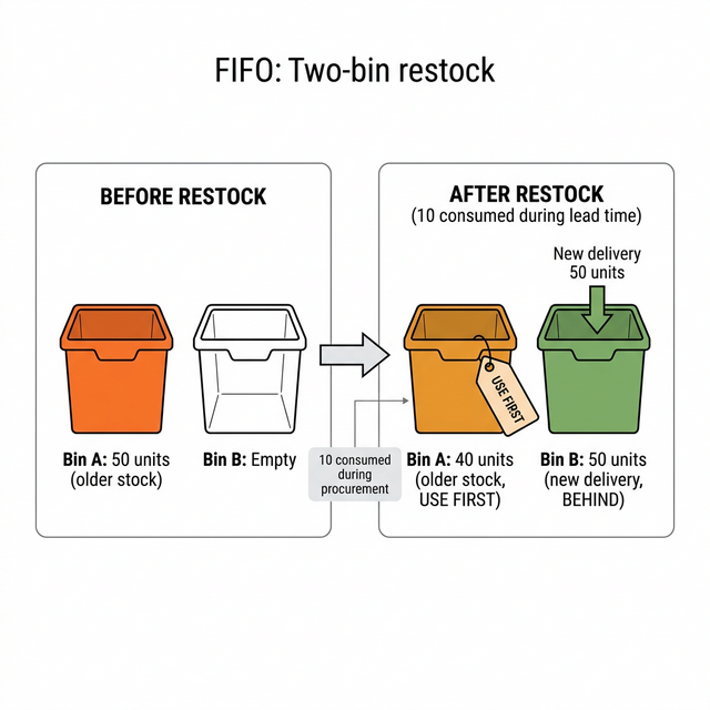 FIFO two-bin restock: older stock stays in front, new delivery goes behind