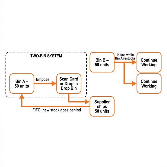 Two-bin Kanban system flowchart: Bin A empties, triggers scan or drop bin, supplier ships, FIFO restock